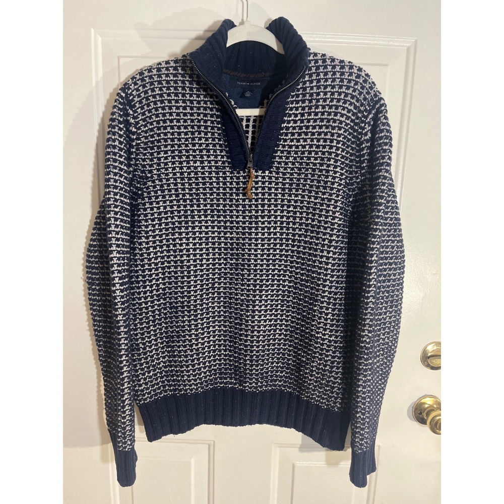 Tommy Hilfiger Sweater Mens M Navy & Cream Birdseye Lambswool Blend 1/4 Zip Mock